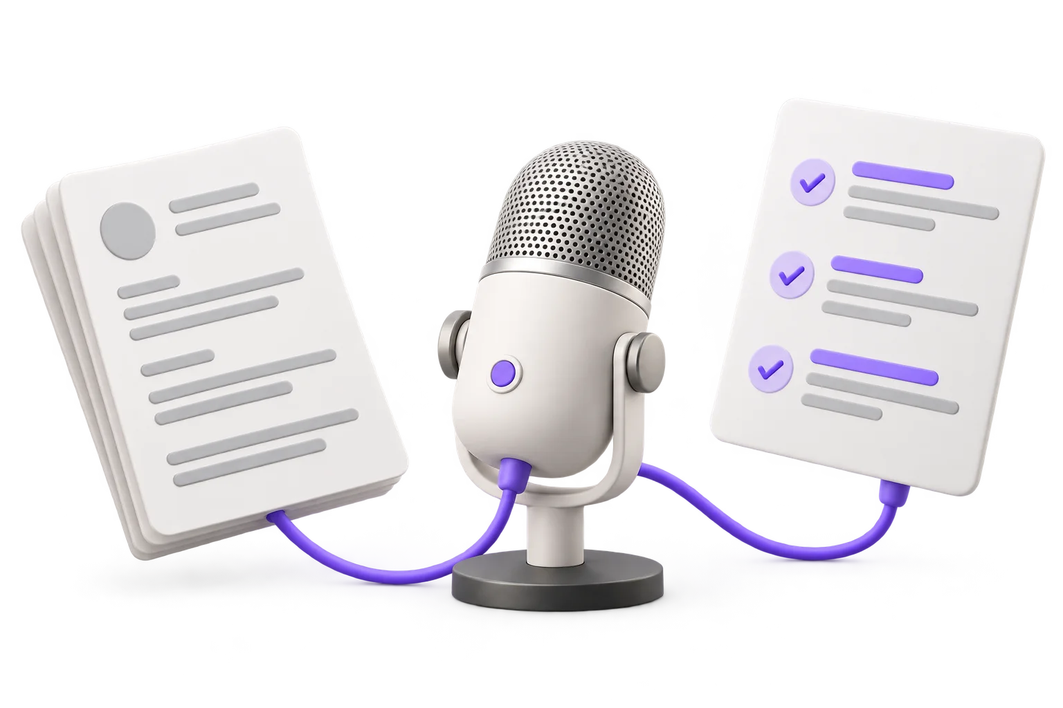 Illustration of a resume, microphone and interview feedback report